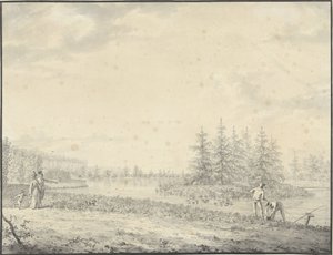 Paysage de parc avec promeneurs et pêcheurs - Anonymous