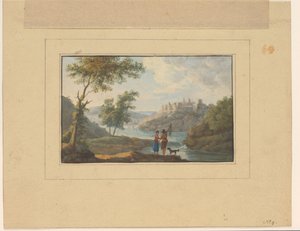 Paysage fluvial avec un homme, une femme et un chien au premier plan - Anonymous