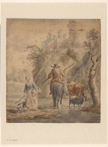 Paysage fluvial avec un cavalier, une femme et du bétail