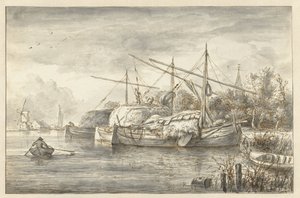 Paysage fluvial avec quelques bateaux de foin - Anonymous