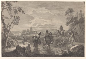 Paysage fluvial avec des personnages traversant - Anonymous
