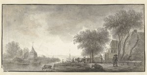 Paysage fluvial avec bétail et quelques maisons - Anonymous