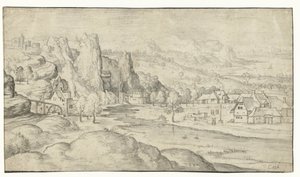 Paysage fluvial avec moulin à eau et rochers escarpés - Anonymous