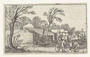 Patineurs et joueurs de crosse sur la glace devant des fermes - Anonymous