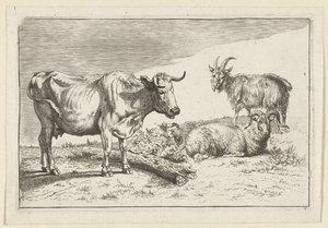 Vache debout avec une corne tordue, avec un mouton et une chèvre - Anonymous