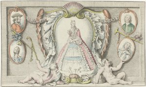 Femme debout, deux putti et quatre médaillons - Anonymous