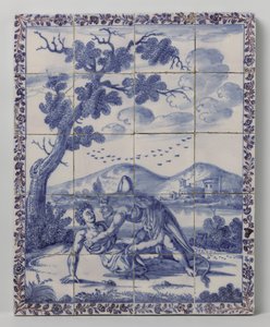 Tableau de carreaux avec un paysage bleu et une scène mythologique: Hercule et Achélous