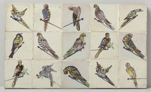 Panneau de carreaux avec oiseaux perchés sur des clous - Anonymous