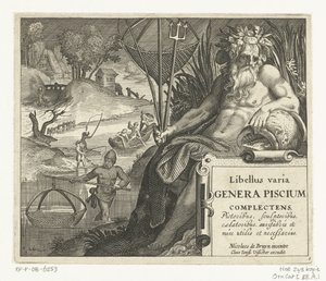 Page de titre avec titre et dieu de la rivière avec trident et filet de pêche dans un paysage avec des pêcheurs (Libelivs varia Genera piscium complectens) - Anonymous