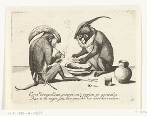 Deux singes fumant une pipe (Verschillende bedrijven uit het menselijke leven door apen voorgesteld) - Anonymous