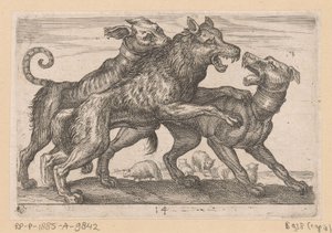Deux chiens en combat avec un loup - Anonymous