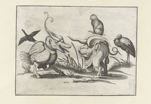 Deux monstres avec chat, oie et cigogne - Anonymous