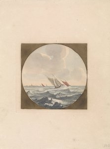 Deux voiliers en mer et une ville sur la côte (Navires en mer, série B) - Anonymous