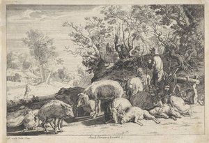 Berger de porcs avec troupeau