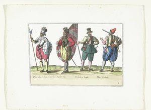 Quatre militaires en uniformes selon la mode aux Pays-Bas et en Angleterre, vers 1580 (Costumes militaires des Pays-Bas) - Anonymous