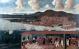 Vue de Smyrne (Izmir) et la réception donnée au consul de Hochepied (1657-1723) dans la salle du conseil