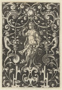 Décoration plate avec le Goût (Personnifications des cinq sens, entourées de grotesques avec des animaux et des fruits) - Anonymous