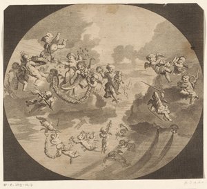 Putti volants avec des couronnes de fleurs - Anonymous