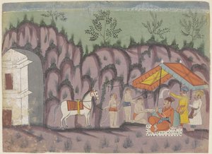 Prince avec cheval blanc sous une tente dans un paysage rocheux - Anonymous