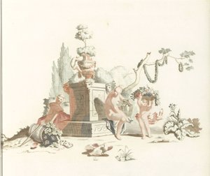 Femme et garçon avec panier de fleurs au pied d