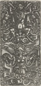Femme avec un foulard et une guirlande de perles devant une construction de rolwerk (Décorations plates avec grotesques dans le rolwerk) - Anonymous