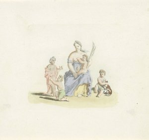 Femme avec enfant sur les genoux et branche de palmier à la main