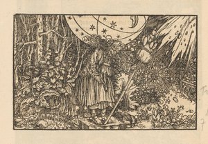 Femme avec un fuseau dans une forêt et une voûte céleste