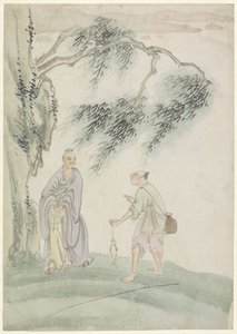 Promeneur achetant un poisson à un pêcheur, sous un arbre - Anonymous