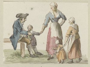 Homme assis et femme debout avec trois enfants