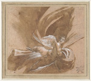 Putto flottant soulevant un rideau