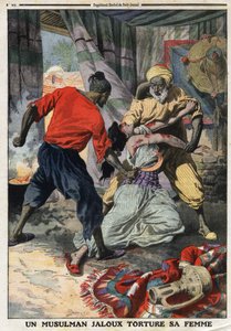 Un musulman jaloux torture sa femme : une femme battue dans le département de Constantine en Algérie. Gravure dans "Le Petit Journal", le 28/01/1912. Collection privée.