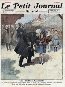 Une petite fille offre un bouquet aux couleurs tricolores au Président de la République Alexandre Millerand lors d