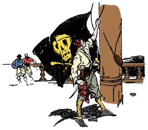 Un pirate hisse le drapeau noir de la mort Illustration de « Deep Water Days » par Richard H. Rodgers 1929