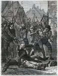 Une scène pendant la période de la Révolution française : Théobald de Dillon (1745-1792) et un officier génie nommé Berthois, massacrés par les soldats et les habitants de Lille, qui les accusaient de trahison. Gravure de 1866 dans « Histoire de la Révolut