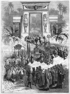 Acte II de la pièce, Aida. Grand opéra en quatre actes et sept tableaux de Giuseppe Verdi (1813-1901) joué au théâtre italien à Paris. Gravure dans "L