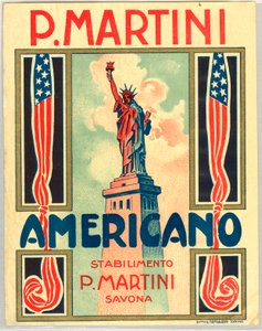 Publicité pour le short drink italien Americano, avec drapeau américain et statue de la liberté