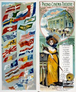 Publicité : Phono - cinéma - théâtre : voir et entendre des artistes célèbres. Chromolithographie publiée à l