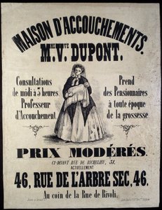 Publicité pour une maison de naissance (maternité) à Paris en 1850. Madame Dupont, bas prix au 46 rue de l