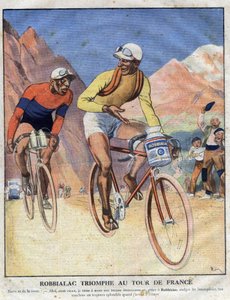 Publicité pour la peinture Robbialac : « Robbialac triomphe au Tour de France ». Un cycliste vante les mérites de la peinture Robbialac pour son vélo. Gravure. Une de « Le Petit Journal Illustré »