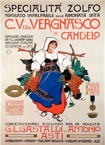 Affiche publicitaire pour le fongicide soufre tamisé produit par la société italienne Vergnasco Candelo, 20e siècle