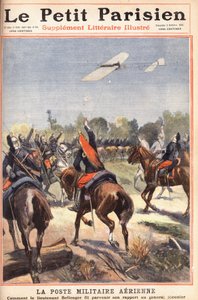 Poste militaire aérien : comment le lieutenant Georges Bellenger (1878-1977) a envoyé son rapport au général Meunier, Une du journal "Le Petit Parisien" le 2/10/1910 (gravure) - Anonymous Anonymous