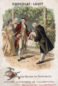 Histoire anecdotique de la nourriture : pêche de Montreuil. Celles représentées ici sont en réalité la pêche en espalier de Bagnolet. Le roi de France Louis XV vient avec sa cour manger les pêches cultivées par Monsieur Edmée de Girardot. Chromolithographi