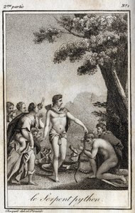 Apollon et le serpent Python sur le mont Parnasse. Gravure de 1819 dans « Lettres à Emilie sur la mythologie » de Charles Albert Demoustier (1760-1801). Collection privée.