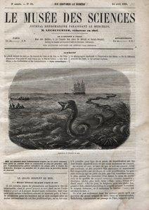 Apparition du serpent de mer. Gravure de 1858. Une du "Musée des sciences" du 14 avril