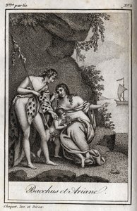 Bacchus et Ariane. Gravure de 1819 dans "Lettres à Émilie sur la mythologie" par Charles Albert Demoustier (1760-1801). Collection privée.