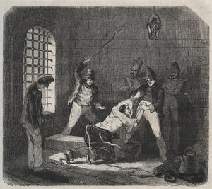 Bagne de Brest : bastonnade. Gravure dans « Histoire des bagnes depuis leur création à nos jours » (1877) par Pierre Zaccone (1817-1895). Collection privée