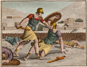 Bataille des Horaces et des Curiaces - Bataille entre les Horatii et les Curiatii - Gravure de « Le Rollin de la Jeunesse ou Pièces Choisies des Histoires Anciennes et Romaines » 1816 - Collection privée