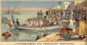 Embarquement des cavaliers sénégalais avec leur femme. Gravure du journal "Le Petit Parisien", le 22/03/1908. Collection privée. - Anonymous Anonymous