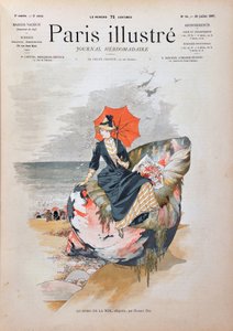 Au bord de la mer, allégorie par Habert Dys. Femme élégante avec un parapluie assise sur une coquille géante posée sur le sable d