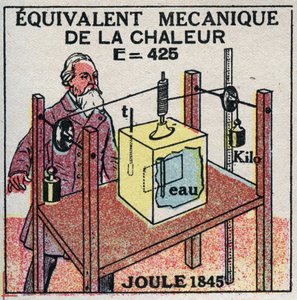 Calorimétrie : équivalent mécanique de la chaleur découvert par James Prescott Joule (1818-1889) en 1845. Illustration anonyme de 1925. Collection privée.